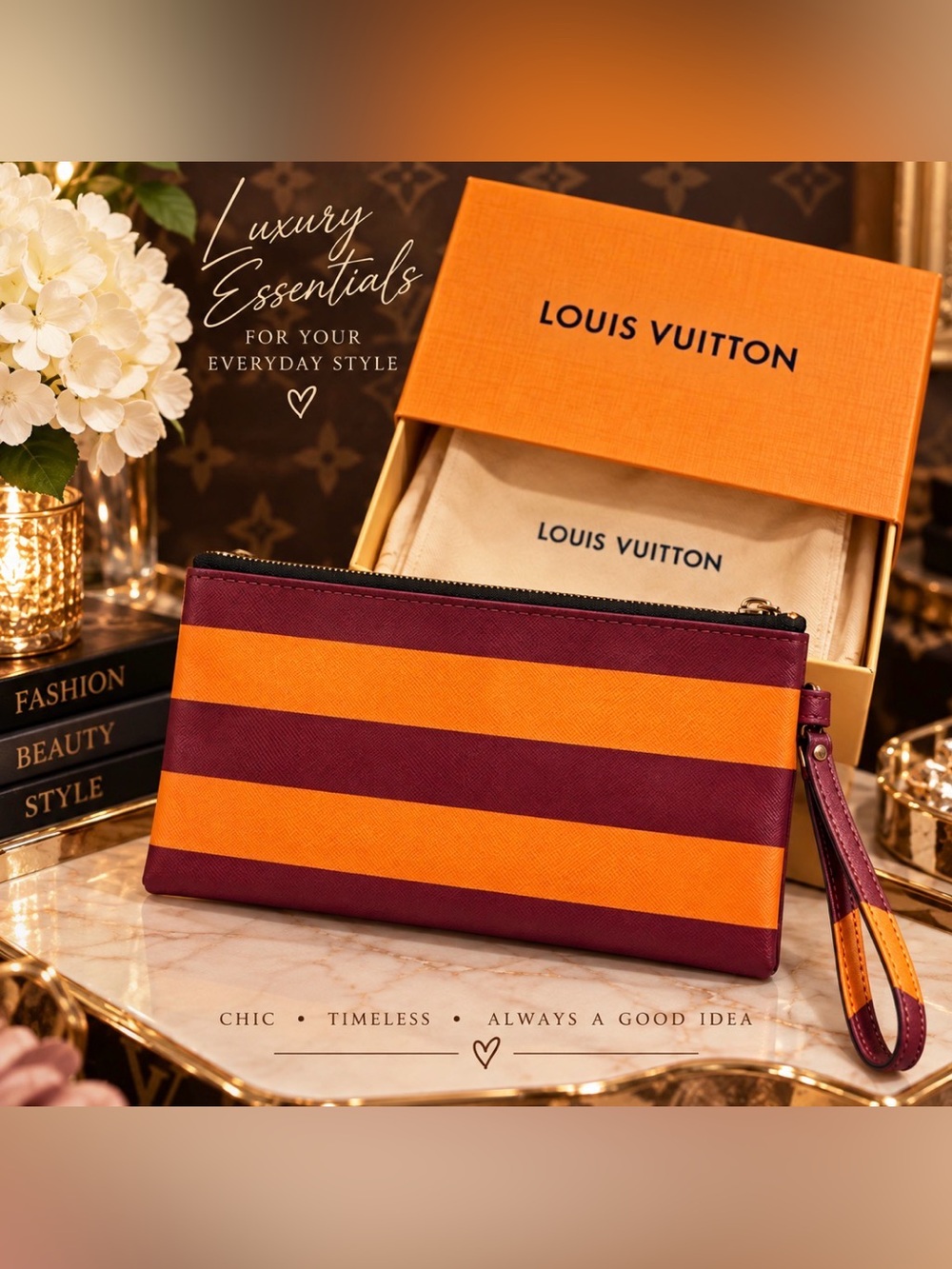 Louis Vuitton Orange Box and Dusty & Burgundy Striped Wristlet Pouch